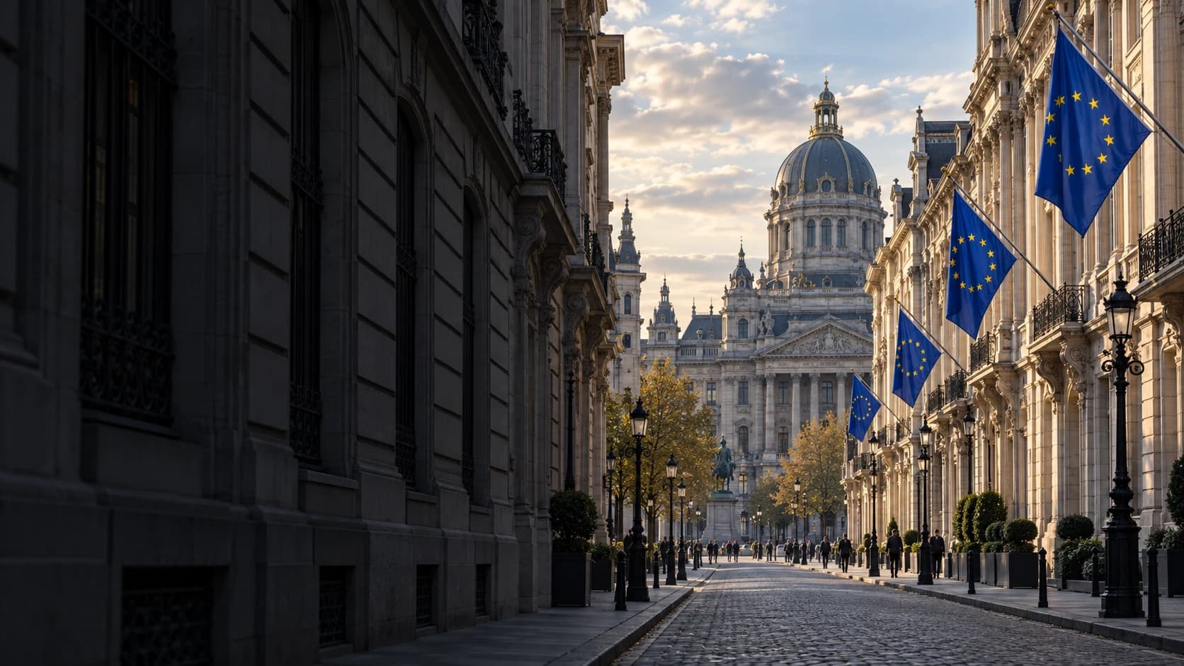 Rue européenne, façades historiques et drapeaux européens — illustration